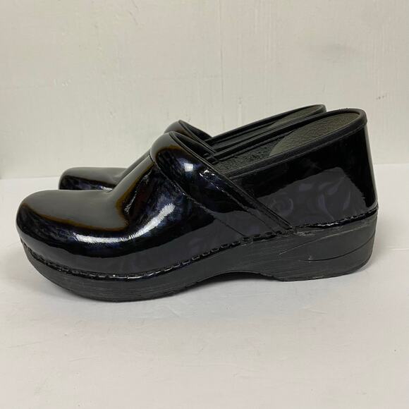 Dankso XP 20 Black Blue Floral Patent Leather Professional Slip On Clogs Size 10 - Picture 5 of 12